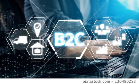 B2C Business Model with Consumer Delivery, Retail, and Growth Icons Muxer 130480258