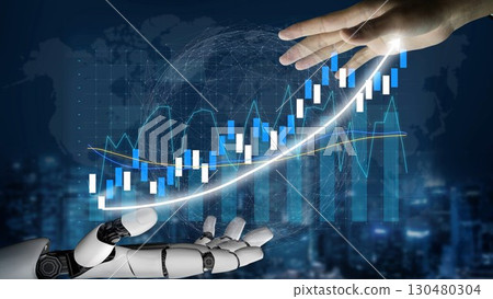 Futuristic Technology Concept Featuring a Robotic Hand Reaching Out to Human Hand Against a Background of Financial Growth and Data Visualization Copula 130480304