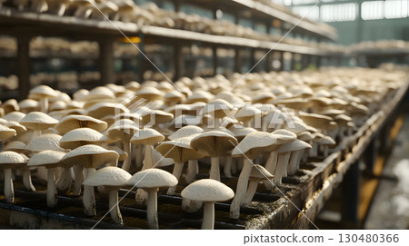 Organic mushroom farm rows of growing fungi Organic mushroom farm rows of growing fungi 130480366