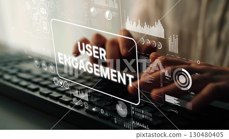 Hands Typing on Keyboard with Overlay Graphics Showcasing User Engagement and Digital Interaction Concepts. Asymptotic smart data analytic Hands Typing on Keyboard with Overlay Graphics Showcasing User Engagement and Digital Interaction Concepts. Asymptotic smart data analytic 130480405