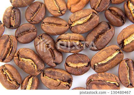 High-resolution image of roasted coffee beans, emphasizing their natural texture High-resolution image of roasted coffee beans, emphasizing their natural texture 130480467