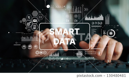 Hands Typing on Keyboard with Smart Data Overlay and Digital Graphics for Technology and Analytics Concepts. Asymptotic smart data analytic 130480481