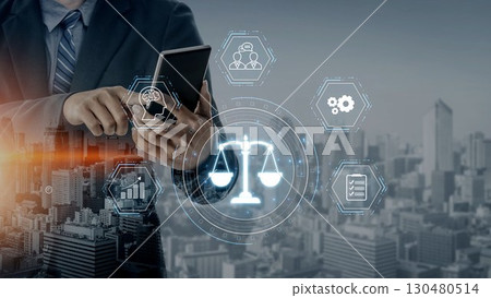 Digital law interface displaying justice scale, highlighting digital law Muxer Digital law interface displaying justice scale, highlighting digital law Muxer 130480514