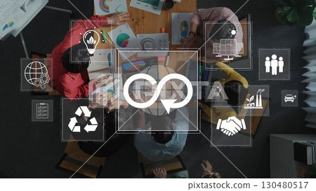 Diverse Team Collaborating on Sustainability Initiatives with Recycling Symbols, Charts, and Global Icons in Modern Office Environment. Raster Diverse Team Collaborating on Sustainability Initiatives with Recycling Symbols, Charts, and Global Icons in Modern Office Environment. Raster 130480517