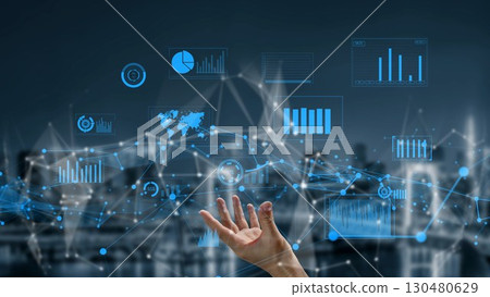 Futuristic Data Visualization Concept with Hand Reaching Out Towards Digital Charts and Graphs Against a Cityscape Background xenic Futuristic Data Visualization Concept with Hand Reaching Out Towards Digital Charts and Graphs Against a Cityscape Background xenic 130480629