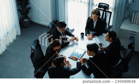 Top view of diverse business team discuss about marketing idea. Directorate. 130480636