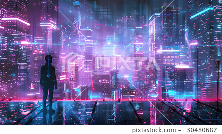 AI-powered metropolis neon lights advanced technology 130480687