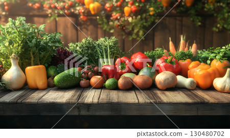 Fresh organic vegetables assorted on wooden table 130480702
