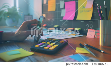 Capture a hand using a calculator app on a mobile phone 130480749