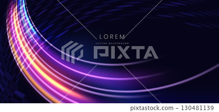 Glowing neon multi color ray. Hi speed motion moving concept on dark blue background. Glowing neon multi color ray. Hi speed motion moving concept on dark blue background. 130481139