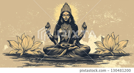 Lakshmi with stylized facial features, simple crown and flowing sari 130481200