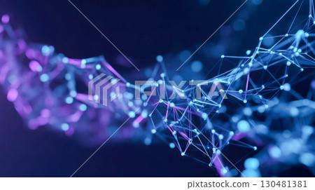 Futuristic abstract network of glowing blue and purple nodes and connections on dark background Futuristic abstract network of glowing blue and purple nodes and connections on dark background 130481381