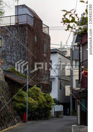 Japan narrow street with ivy covered building and modern houses 130481390