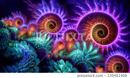 Intricate neon fractal spirals with vibrant colors and abstract energy patterns Intricate neon fractal spirals with vibrant colors and abstract energy patterns 130481409