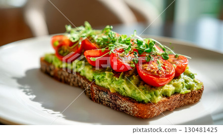 Whole grain toast with avocado, ripe cherry tomatoes and fresh microgreens, nutritious open sandwich Whole grain toast with avocado, ripe cherry tomatoes and fresh microgreens, nutritious open sandwich 130481425