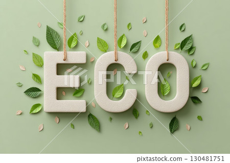 letters ECO enveloped by softly floating green leaves particles letters ECO enveloped by softly floating green leaves particles 130481751