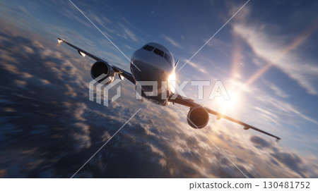 Smooth flat-style airplane cruising gently across a simple blue sky with cloud Smooth flat-style airplane cruising gently across a simple blue sky with cloud 130481752