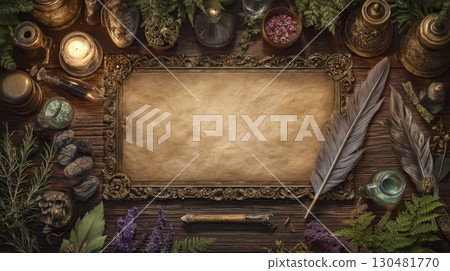 Antique parchment scrolls surrounded by dried herbs, glass potion bottles, crystals, candles, and vintage alchemical tools 130481770