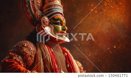 Traditional Kathakali dancer in full makeup and costume performing during Onam festivities 130481771
