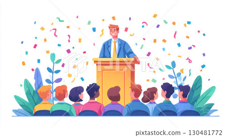 Teacher giving a speech on a school stage with decorations and seated students 130481772