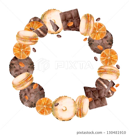 Juicy orange slices with whoopie pies, cream filled macarons, mousse meringue buns with chocolate coated bonbon candy. Hand painted watercolor wreath illustration. Culinary frame, party menu layouts 130481910