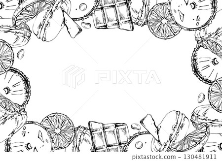Citrus macarons with orange slices, sandwich pastries, chocolate crumbs, cocoa dragees in vector ink. Hand drawn dessert wreath illustration. Culinary infographics, party accents, recipe card visuals. 130481911