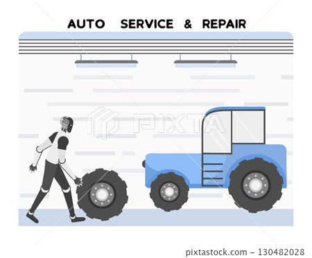 Auto service and repair in garage with worker carrying tire, concept illustration background 130482028