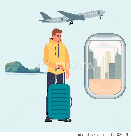 Traveler holding luggage at airport with airplane and cityscape through window in background 130482039