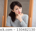 一位女士照鏡子，擔心自己皮膚粗糙 | 痤瘡、皮膚問題、煩惱 130482130