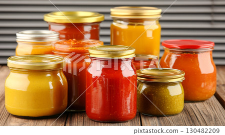 Glass jars filled with spicy pepper sauces on wooden table, background 130482209