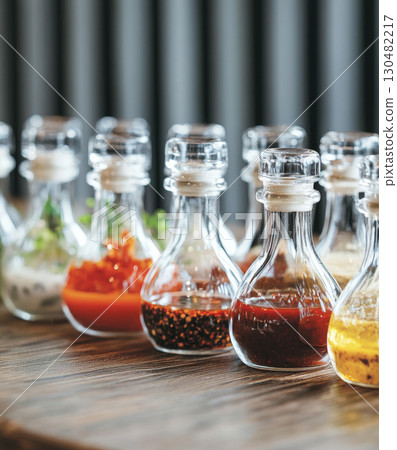 Variety of glass jars with hot pepper and chilli sauces on wooden table 130482217