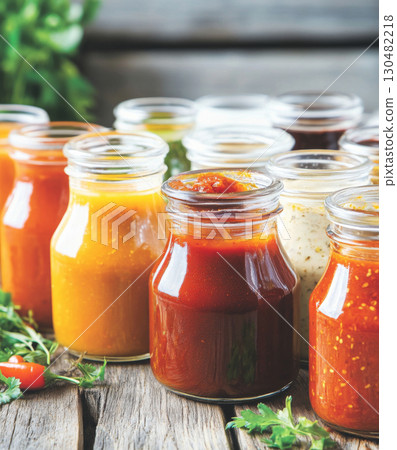 Variety of glass jars filled with colorful hot pepper and chilli sauces, background Variety of glass jars filled with colorful hot pepper and chilli sauces, background 130482218