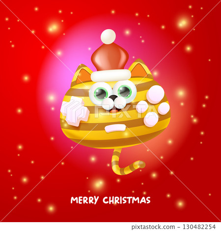 Cute cat gamepad cartoon character vector illustration, striped kitty character wearing a Santa hat, Merry Christmas holiday greeting design, stickers, labels, cards and celebration banners Cute cat gamepad cartoon character vector illustration, striped kitty character wearing a Santa hat, Merry Christmas holiday greeting design, stickers, labels, cards and celebration banners 130482254