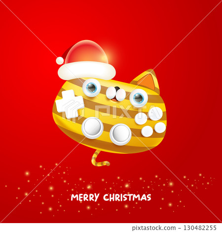 Cute cat gamepad cartoon character vector illustration, striped kitty character wearing a Santa hat, Merry Christmas holiday greeting design, stickers, labels, cards and celebration banners Cute cat gamepad cartoon character vector illustration, striped kitty character wearing a Santa hat, Merry Christmas holiday greeting design, stickers, labels, cards and celebration banners 130482255