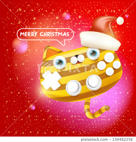 Cute cat gamepad cartoon character vector illustration, striped kitty character wearing a Santa hat, Merry Christmas holiday greeting design, stickers, labels, cards and celebration banners 130482256