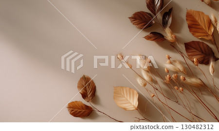 Autumn-colored botanical art-style background | A calming leaf design that stands out against a soft beige background 130482312