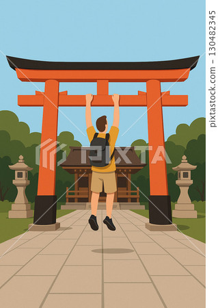 Annoying tourists hanging from the shrine's torii gate 130482345