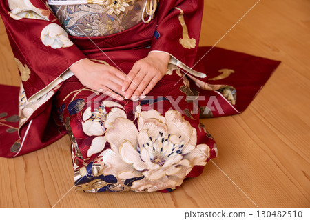 Japanese woman in furisode kimono standing on the Noh stage Japanese woman in furisode kimono standing on the Noh stage 130482510