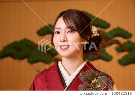 Japanese woman in furisode kimono standing on the Noh stage Japanese woman in furisode kimono standing on the Noh stage 130482518