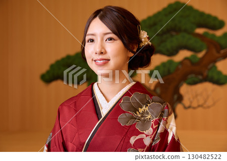 Japanese woman in furisode kimono standing on the Noh stage Japanese woman in furisode kimono standing on the Noh stage 130482522