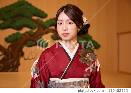 Japanese woman in furisode kimono standing on the Noh stage Japanese woman in furisode kimono standing on the Noh stage 130482523