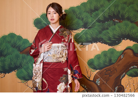 Japanese woman in furisode kimono standing on the Noh stage Japanese woman in furisode kimono standing on the Noh stage 130482566