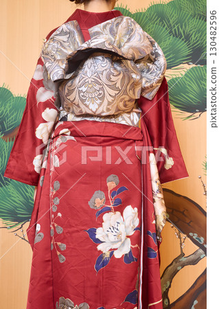 Japanese woman in furisode kimono standing on the Noh stage Japanese woman in furisode kimono standing on the Noh stage 130482596