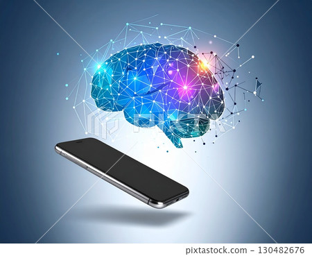 Digital Brain Innovation: A hand gracefully holds a digital tablet, from which a luminous, intricately designed brain composed of interconnected nodes and lines emerges. 130482676