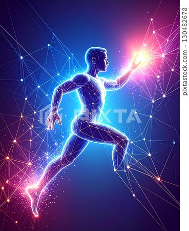 Digital Runner Vision: A dynamic portrayal of a runner set against a vibrant backdrop of interconnected data streams and digital elements. Digital Runner Vision: A dynamic portrayal of a runner set against a vibrant backdrop of interconnected data streams and digital elements. 130482678