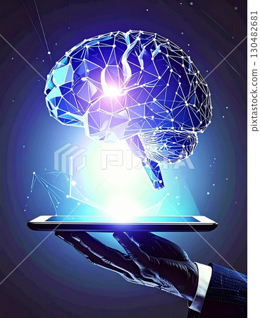 Digital Brain Innovation: A hand gracefully holds a digital tablet, from which a luminous, intricately designed brain composed of interconnected nodes and lines emerges. 130482681