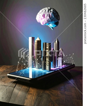 Smart City Digital Blueprint: A futuristic rendering showcases a miniature cityscape emerging from a sleek smartphone, crowned by a glowing brain symbolizing smart technology integration. Smart City Digital Blueprint: A futuristic rendering showcases a miniature cityscape emerging from a sleek smartphone, crowned by a glowing brain symbolizing smart technology integration. 130482685