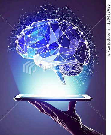 Digital Brain Innovation: A hand gracefully holds a digital tablet, from which a luminous, intricately designed brain composed of interconnected nodes and lines emerges. 130482686
