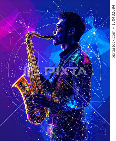 Neon Saxophone Serenade: A captivating player, bathed in the vibrant glow of neon lights, passionately plays a saxophone. 130482694