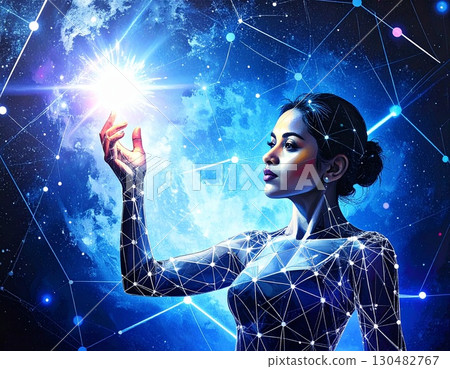 Tech Innovator: A visionary tech professional, deeply engrossed in an intricate network, is at the forefront of technological evolution. She's engaging with cutting-edge technology. 130482767